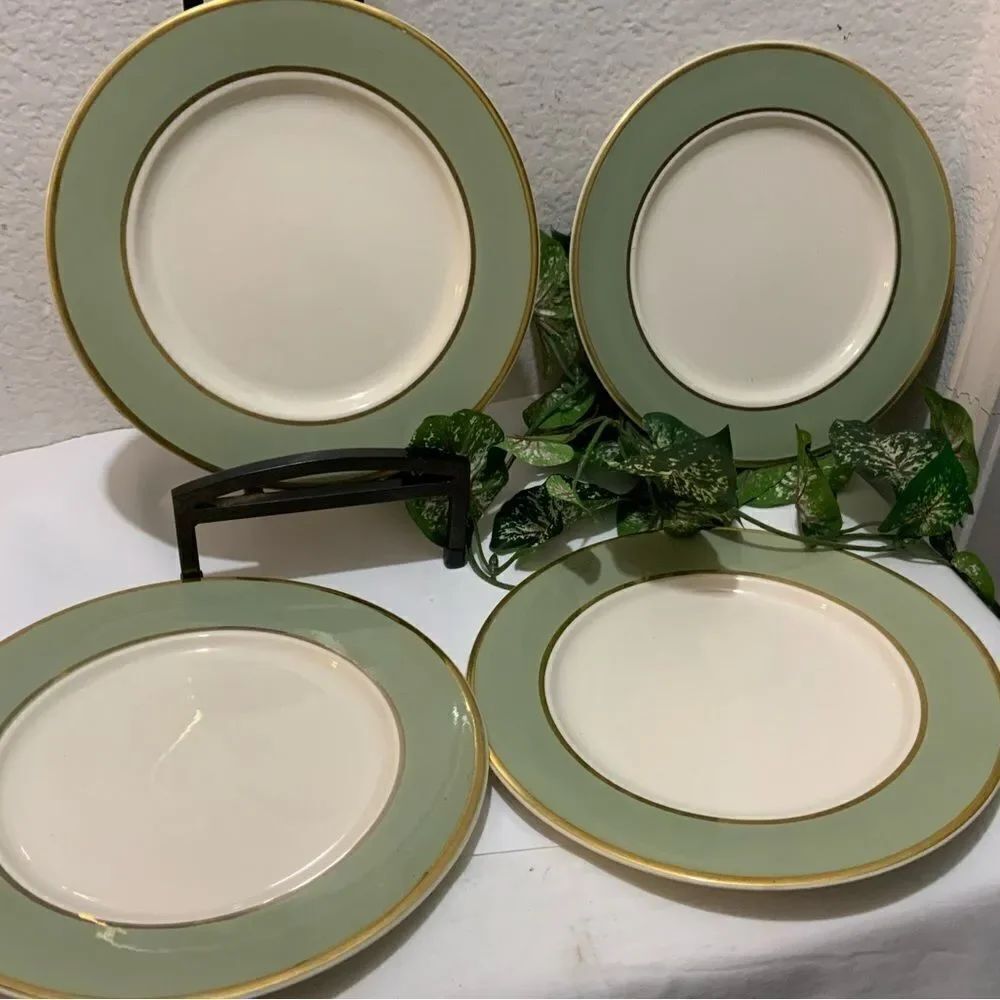 COPY - 4 Dinner Plate Classic Heritage Green Green Band Gold Trim Made in USA …